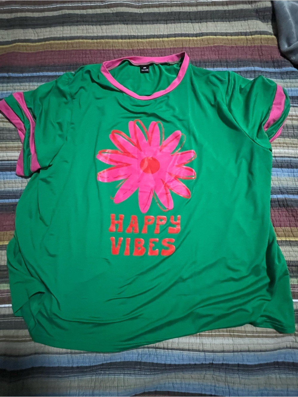 SHEIN Green Tee with Pink Flower & Trim